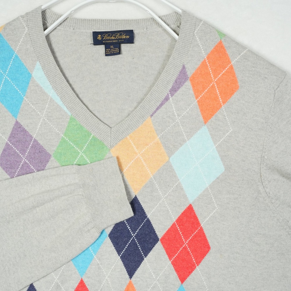 Brooks Brothers Mens XL Grey Argyle Cashmere‎ Blend V-Neck Sweater Long Sleeve